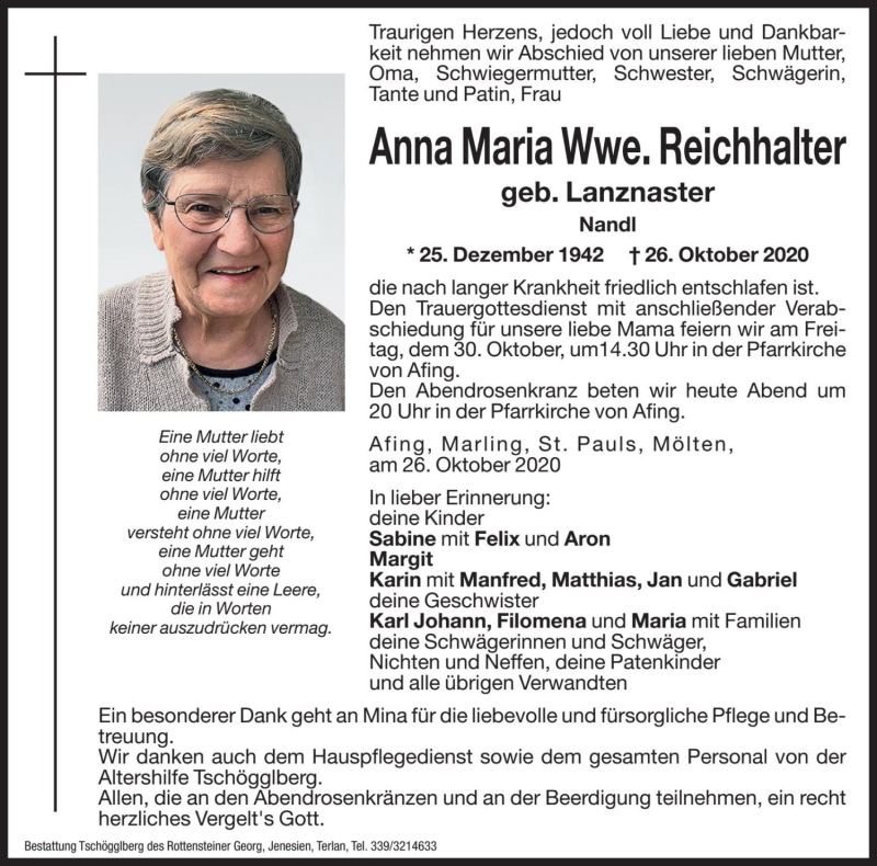  Traueranzeige für Anna Maria Reichhalter vom 29.10.2020 aus Dolomiten