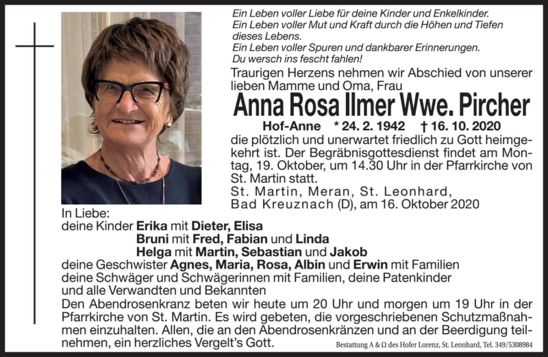  Traueranzeige für Anna Rosa Pircher vom 17.10.2020 aus Dolomiten