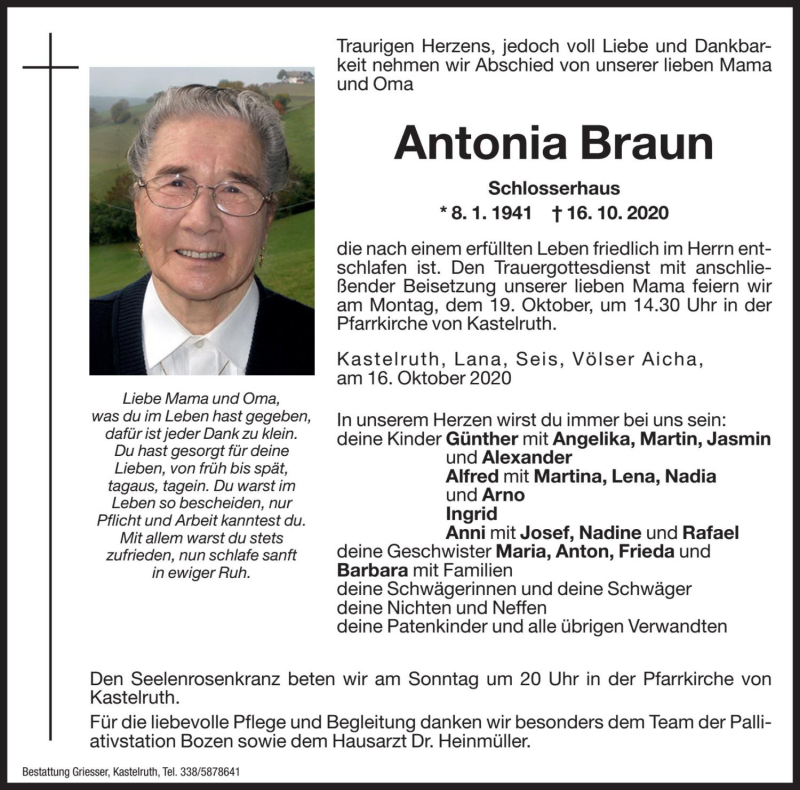  Traueranzeige für Antonia Braun vom 17.10.2020 aus Dolomiten