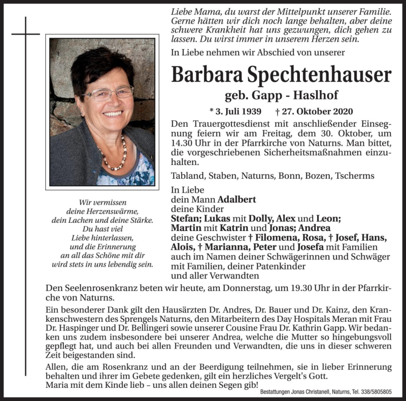  Traueranzeige für Barbara Spechtenhauser vom 29.10.2020 aus Dolomiten