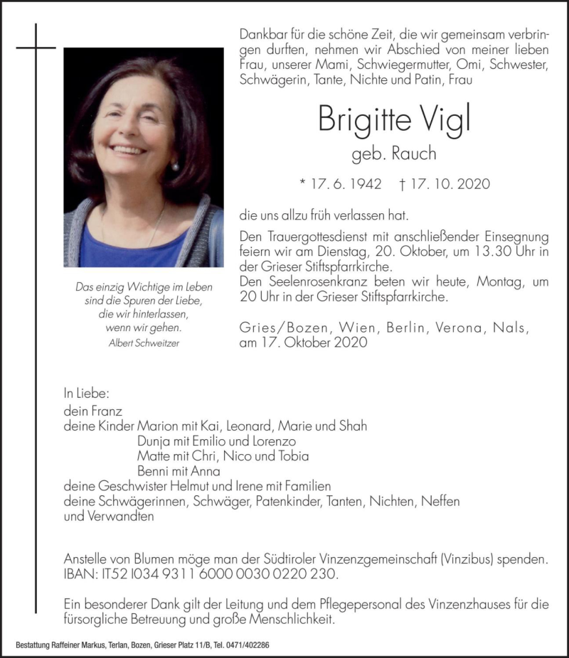  Traueranzeige für Brigitte Vigl vom 19.10.2020 aus Dolomiten
