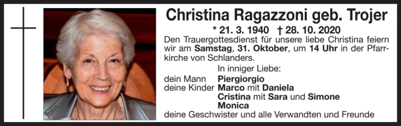  Traueranzeige für Christina Ragazzoni vom 30.10.2020 aus Dolomiten