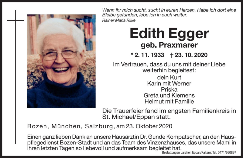  Traueranzeige für Edith Egger vom 30.10.2020 aus Dolomiten