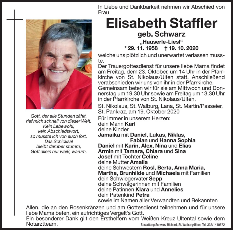  Traueranzeige für Elisabeth Staffler vom 21.10.2020 aus Dolomiten