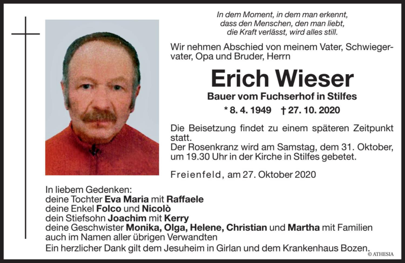  Traueranzeige für Erich Wieser vom 30.10.2020 aus Dolomiten