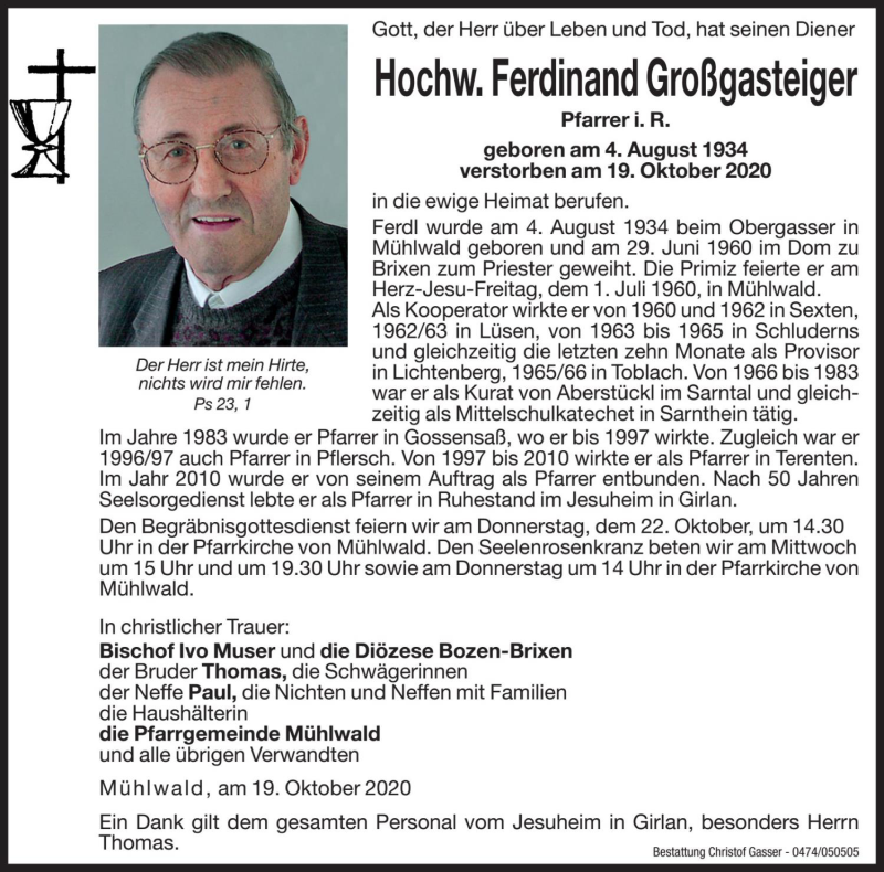  Traueranzeige für Ferdinand Großgasteiger vom 21.10.2020 aus Dolomiten