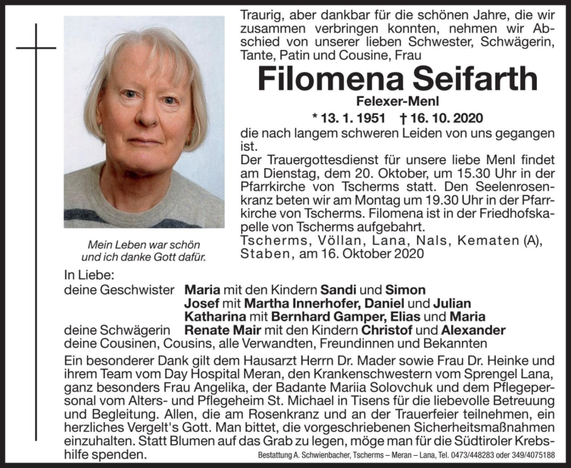  Traueranzeige für Filomena Seifarth vom 19.10.2020 aus Dolomiten
