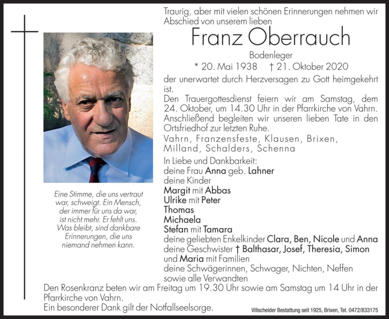  Traueranzeige für Franz Oberrauch vom 23.10.2020 aus Dolomiten