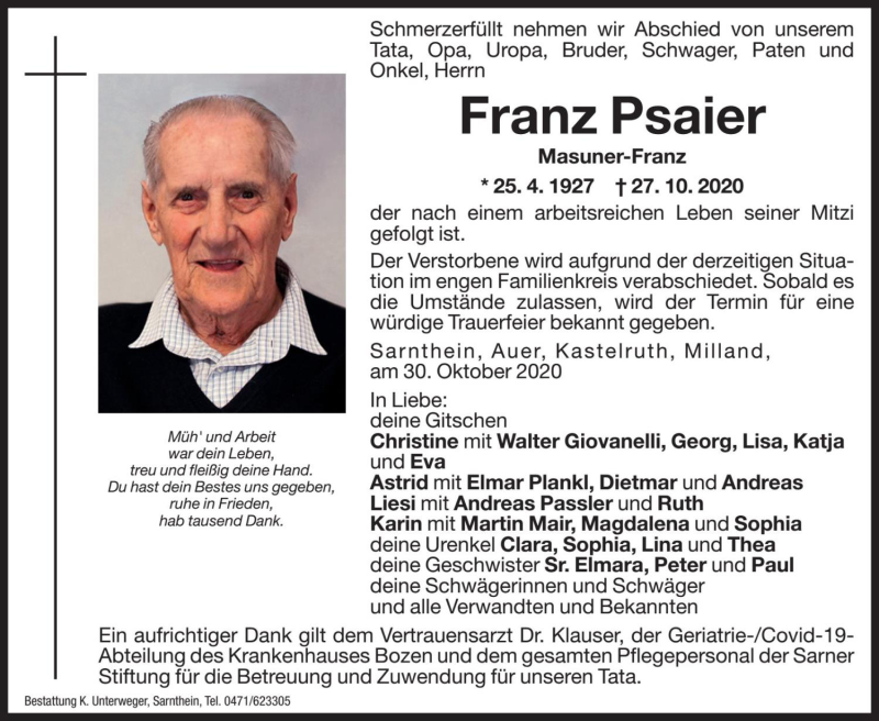  Traueranzeige für Franz Psaier vom 30.10.2020 aus Dolomiten