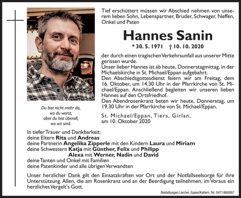  Traueranzeige für Hannes Sanin vom 15.10.2020 aus Dolomiten