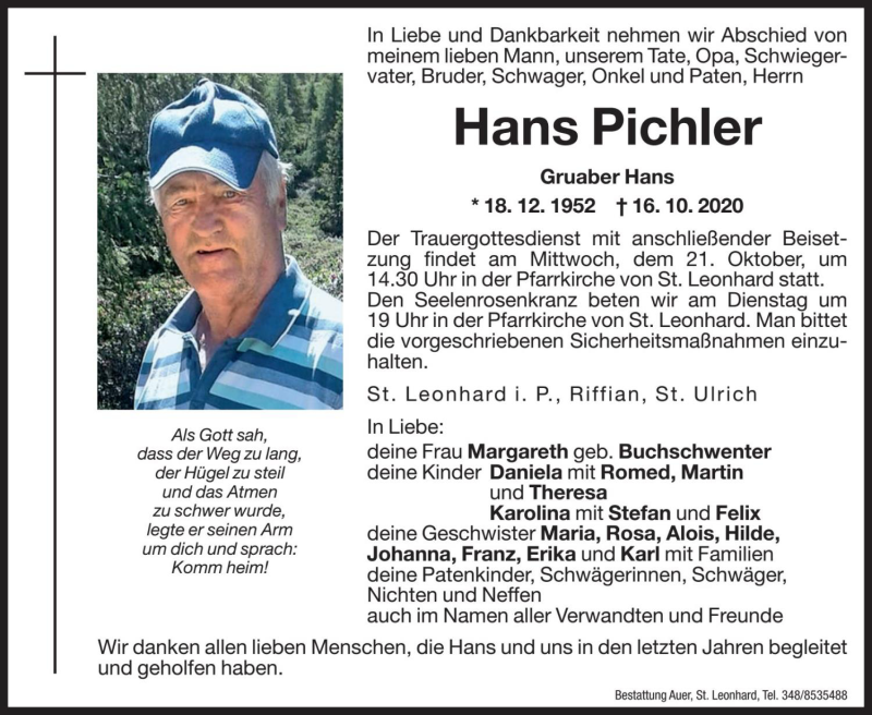  Traueranzeige für Hans Pichler vom 20.10.2020 aus Dolomiten