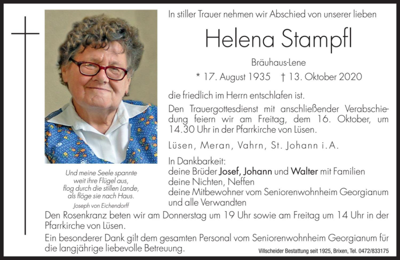  Traueranzeige für Helena Stampfl vom 15.10.2020 aus Dolomiten