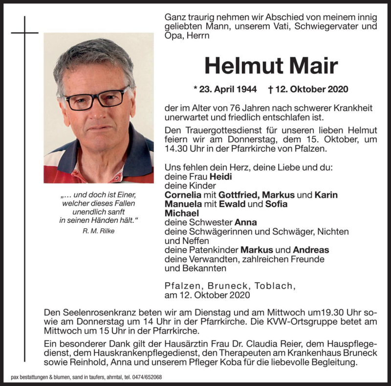  Traueranzeige für Helmut Mair vom 13.10.2020 aus Dolomiten