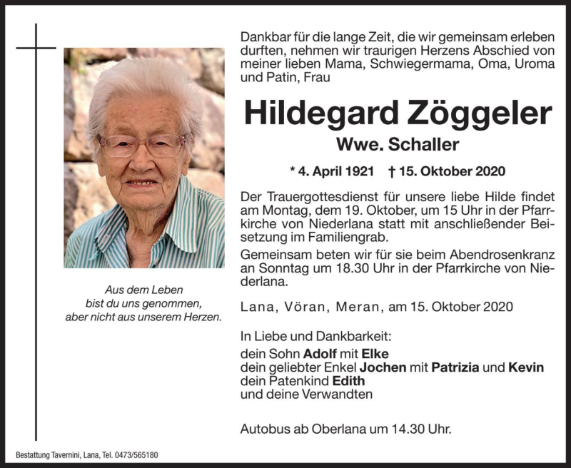  Traueranzeige für Hildegard Schaller vom 16.10.2020 aus Dolomiten