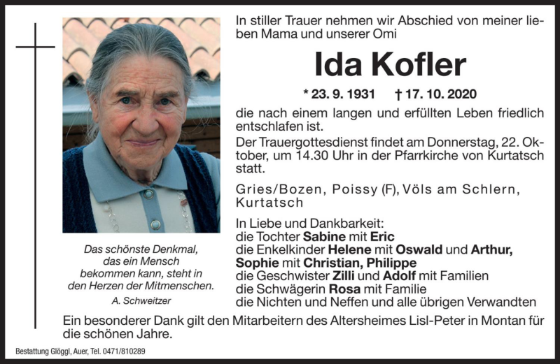  Traueranzeige für Ida Kofler vom 20.10.2020 aus Dolomiten