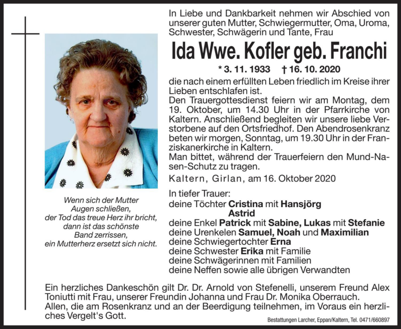  Traueranzeige für Ida Kofler vom 17.10.2020 aus Dolomiten