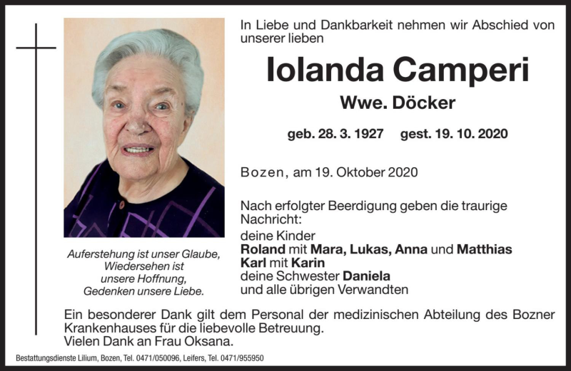  Traueranzeige für Iolanda Döcker vom 23.10.2020 aus Dolomiten