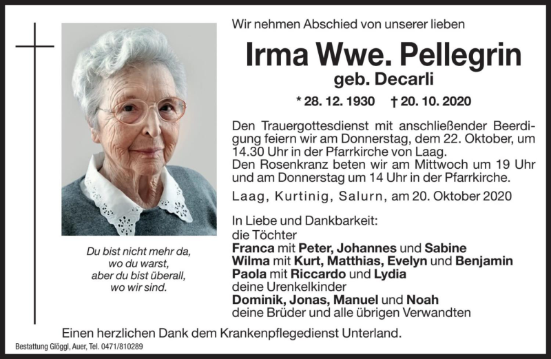  Traueranzeige für Irma Pellegrin vom 21.10.2020 aus Dolomiten