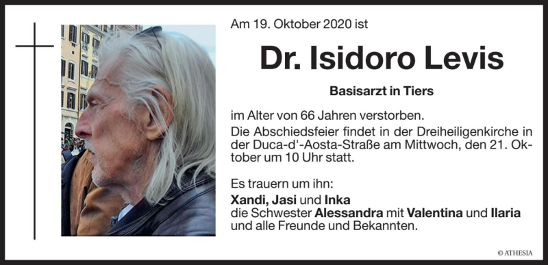  Traueranzeige für Isidoro Levis vom 20.10.2020 aus Dolomiten