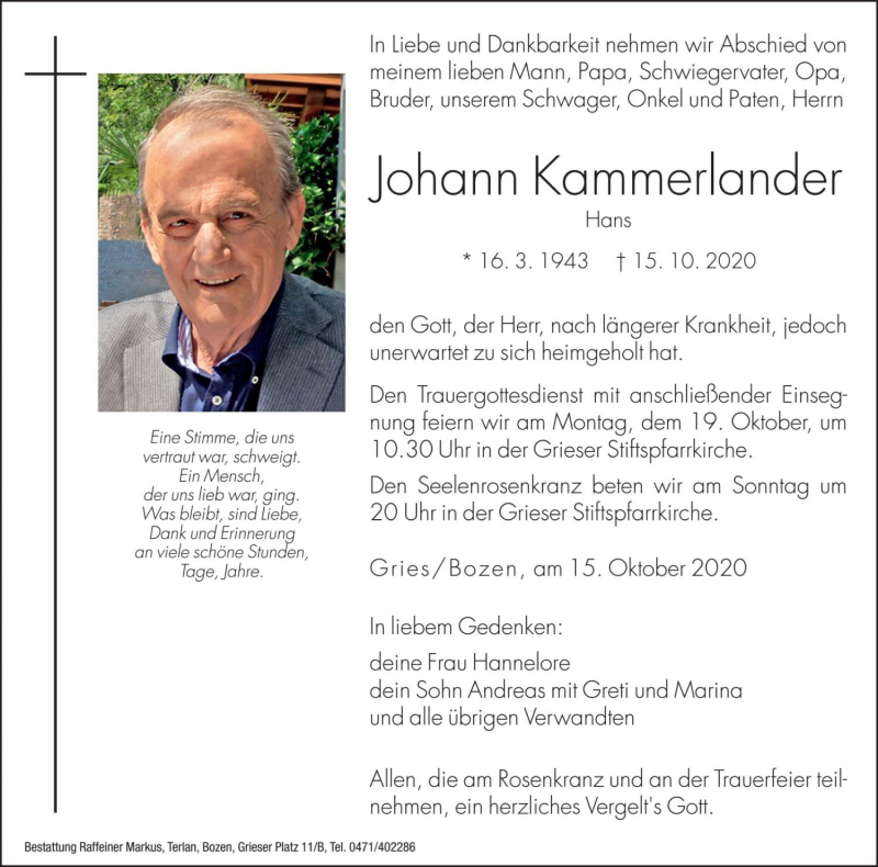  Traueranzeige für Johann Kammerlander vom 16.10.2020 aus Dolomiten
