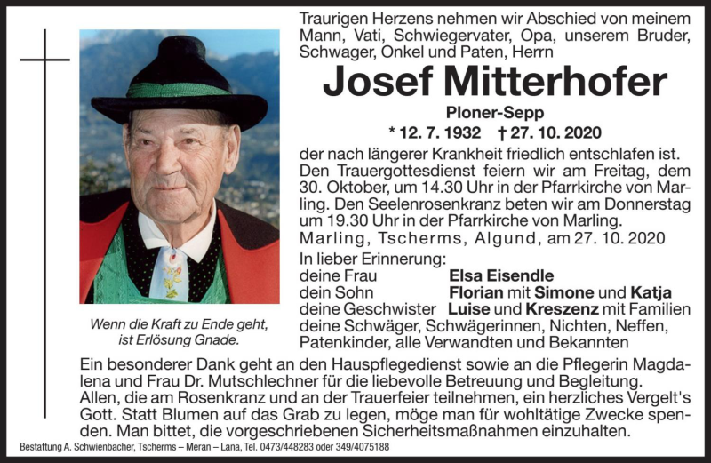  Traueranzeige für Josef Mitterhofer vom 28.10.2020 aus Dolomiten