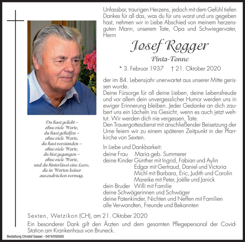  Traueranzeige für Josef Rogger vom 23.10.2020 aus Dolomiten