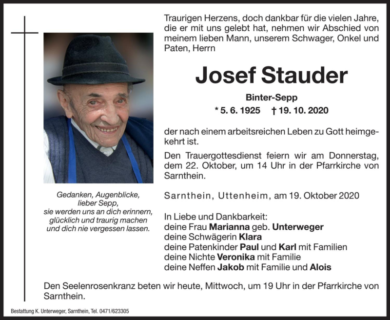 Traueranzeige für Josef Stauder vom 21.10.2020 aus Dolomiten
