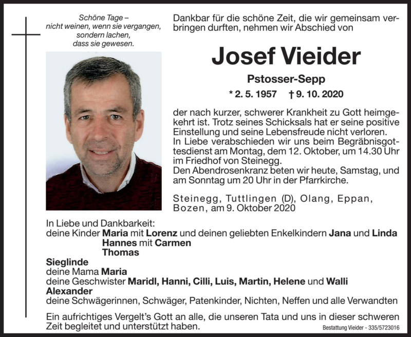  Traueranzeige für Josef Vieider vom 10.10.2020 aus Dolomiten