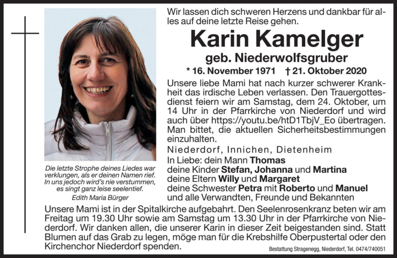 Traueranzeige für Karin Kamelger vom 23.10.2020 aus Dolomiten