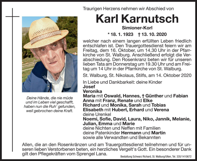  Traueranzeige für Karl Karnutsch vom 15.10.2020 aus Dolomiten
