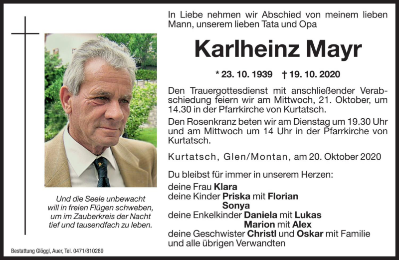  Traueranzeige für Karlheinz Mayr vom 20.10.2020 aus Dolomiten