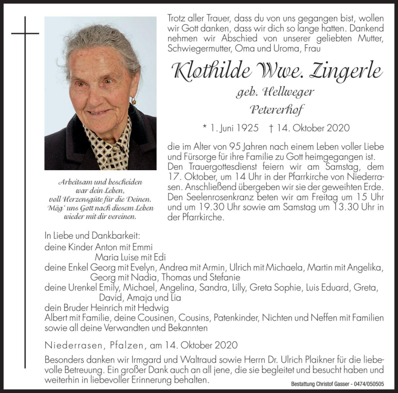  Traueranzeige für Klothilde Zingerle vom 16.10.2020 aus Dolomiten
