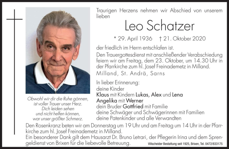  Traueranzeige für Leo Schatzer vom 22.10.2020 aus Dolomiten