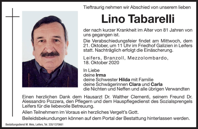  Traueranzeige für Lino Tabarelli vom 20.10.2020 aus Dolomiten