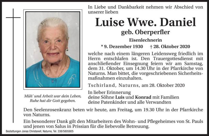  Traueranzeige für Luise Daniel vom 30.10.2020 aus Dolomiten