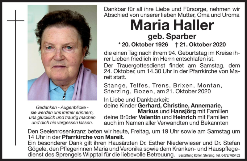  Traueranzeige für Maria Haller vom 23.10.2020 aus Dolomiten