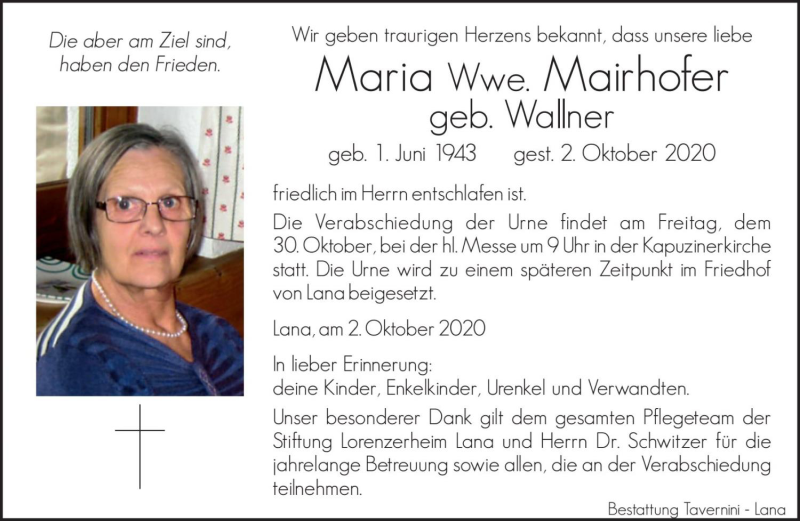  Traueranzeige für Maria Mairhofer vom 23.10.2020 aus Dolomiten