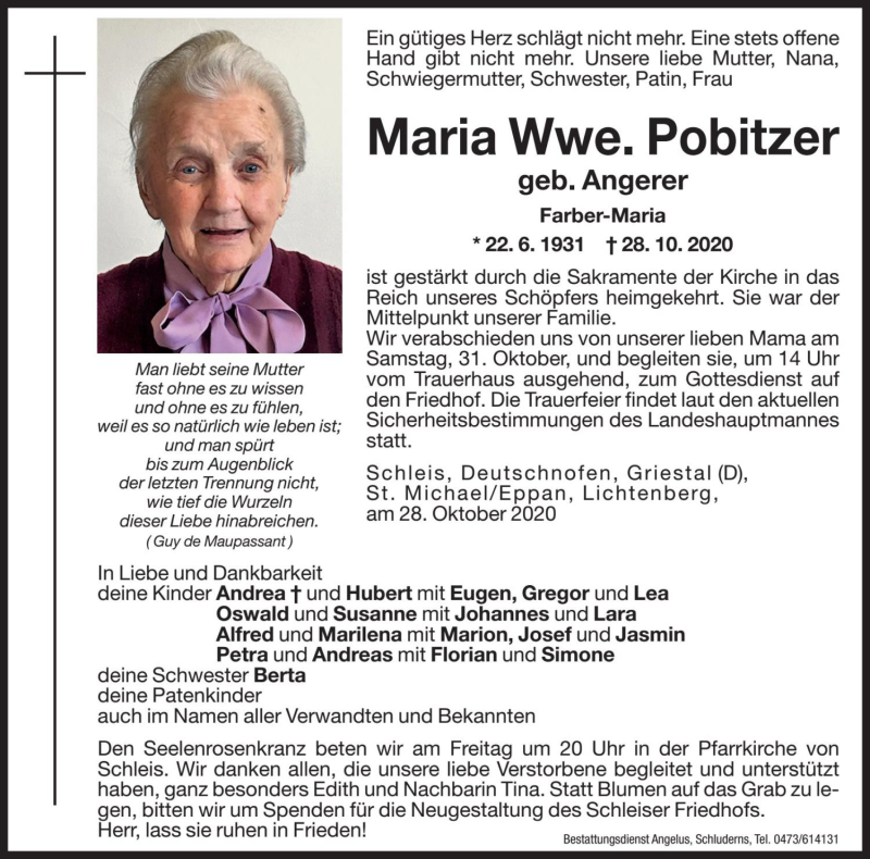  Traueranzeige für Maria Pobitzer vom 30.10.2020 aus Dolomiten