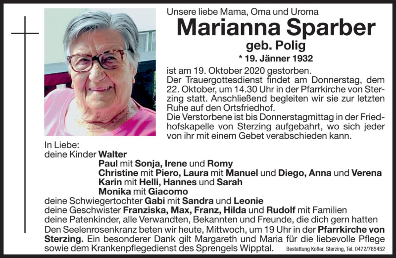  Traueranzeige für Marianna Sparber vom 21.10.2020 aus Dolomiten