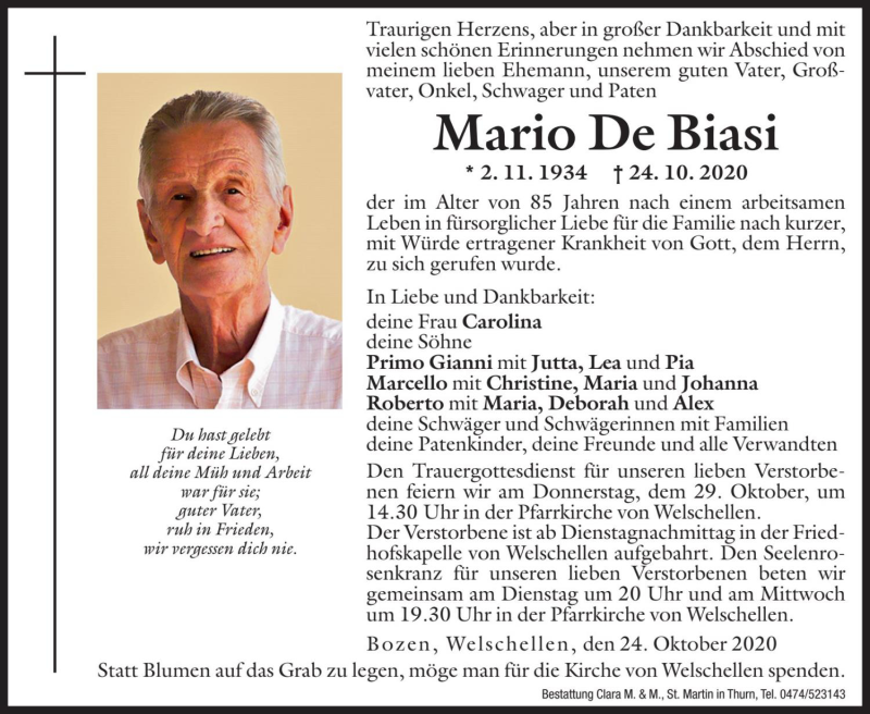  Traueranzeige für Mario De Biasi vom 27.10.2020 aus Dolomiten