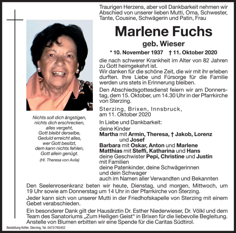  Traueranzeige für Marlene Fuchs vom 13.10.2020 aus Dolomiten