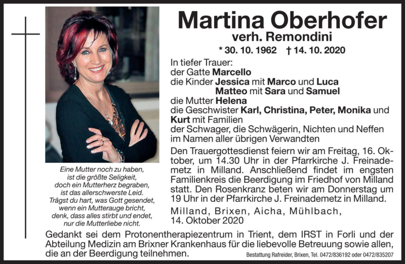  Traueranzeige für Martina Remondini vom 15.10.2020 aus Dolomiten