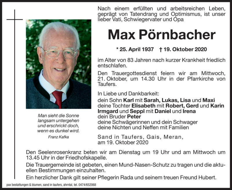  Traueranzeige für Max Pörnbacher vom 20.10.2020 aus Dolomiten