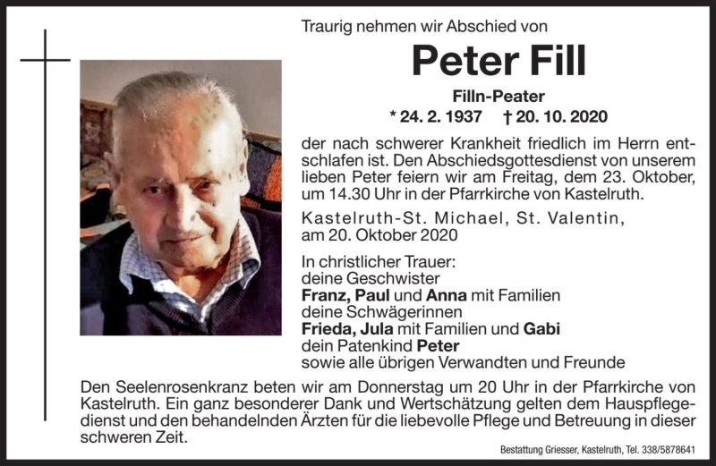  Traueranzeige für Peter Fill vom 22.10.2020 aus Dolomiten
