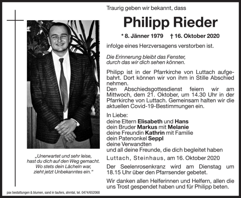  Traueranzeige für Philipp Rieder vom 20.10.2020 aus Dolomiten