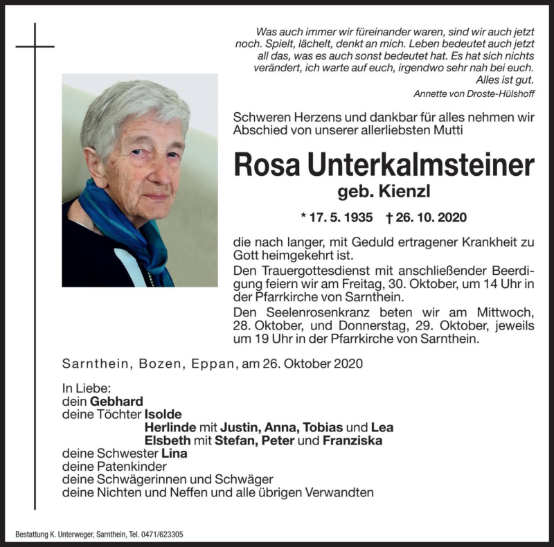  Traueranzeige für Rosa Unterkalmsteiner vom 28.10.2020 aus Dolomiten
