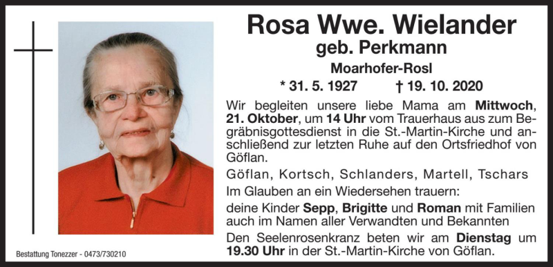  Traueranzeige für Rosa Wielander vom 20.10.2020 aus Dolomiten