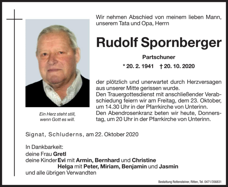  Traueranzeige für Rudolf Spornberger vom 22.10.2020 aus Dolomiten