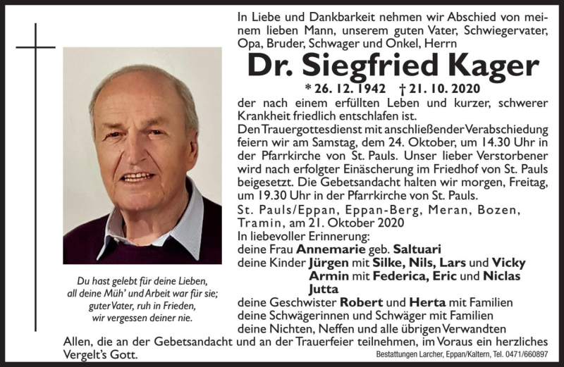  Traueranzeige für Siegfried Kager vom 22.10.2020 aus Dolomiten