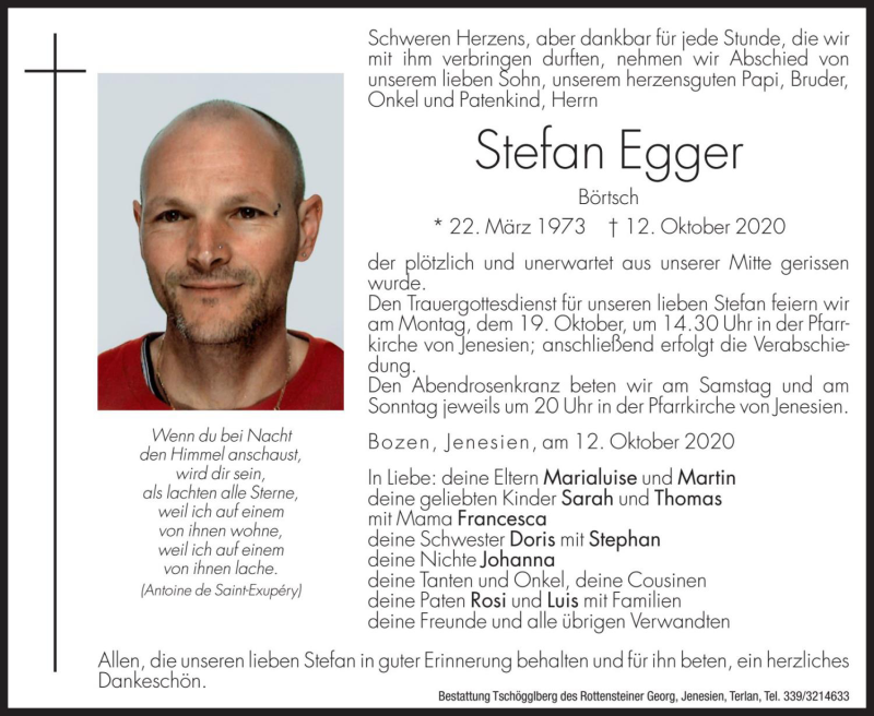  Traueranzeige für Stefan Egger vom 17.10.2020 aus Dolomiten